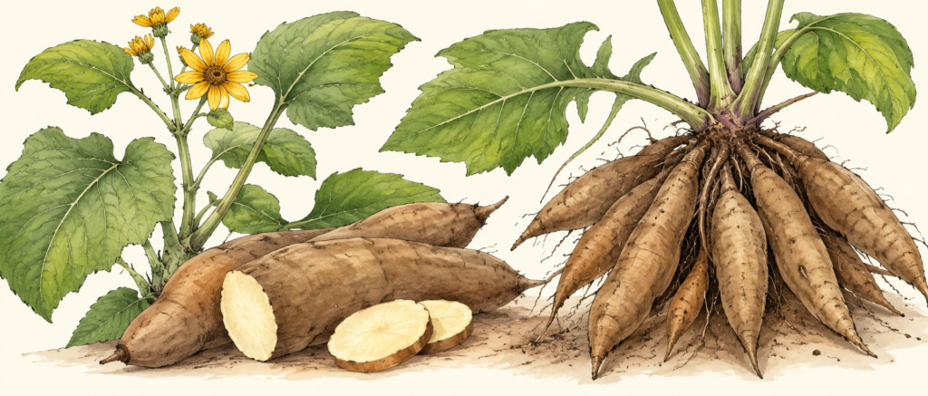 Dessin du Yacon complet avec la plante et les tubercules 